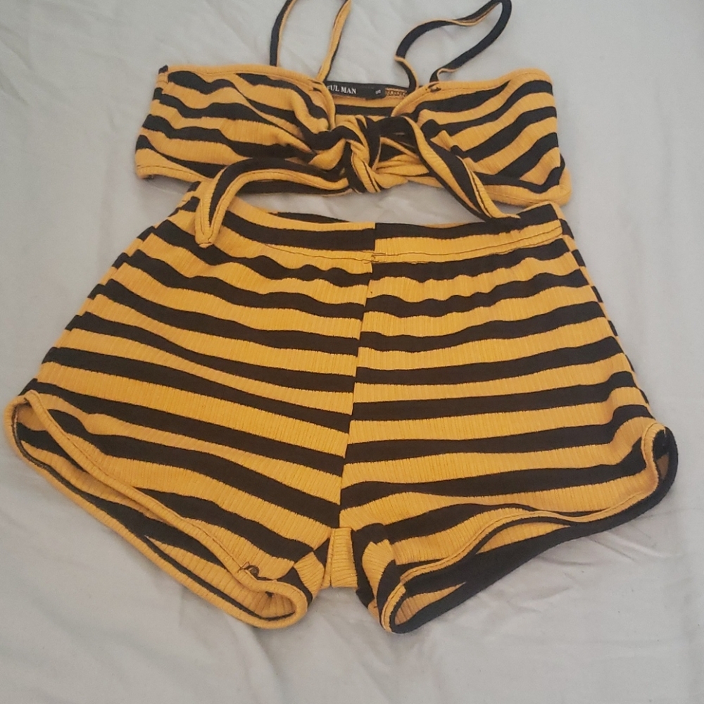 Mustard and black top and shorts set